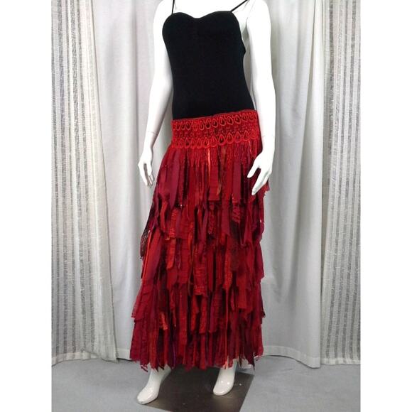 Handmade Dresses & Skirts - Ravishing Red RagArt Maxi Skirt Bohemian Festival Handmade Up Cycled Size S/M